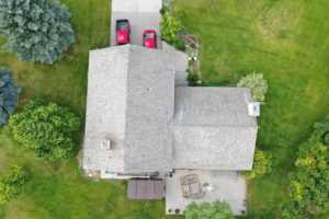 Aerial top-down view of a house during a reroofing project in Twin Fall, ID.