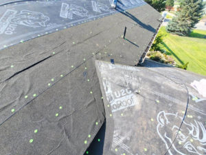 Corner joint of a roof undergoing a reroofing project in Twin Falls, ID.